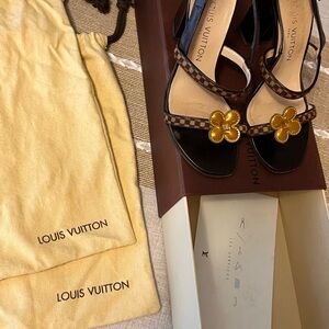 Louis Vuitton Floral Damier Ebene Calf Hair & Leather Heels